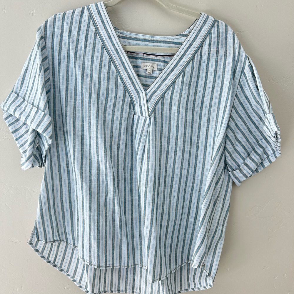 Pilcro Blue and White Striped V-Neck Blouse